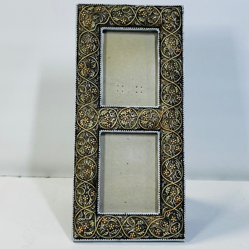 Ornate Silver Double Photo Frame Vintage Botanical Faux Ivory Floral Scrollwork